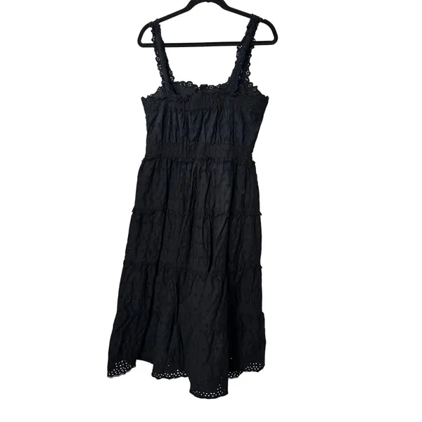GAP x DOEN Midi Dress Black Cotton Eyelet Tiered Button Front Smocked Waist M - Image 7