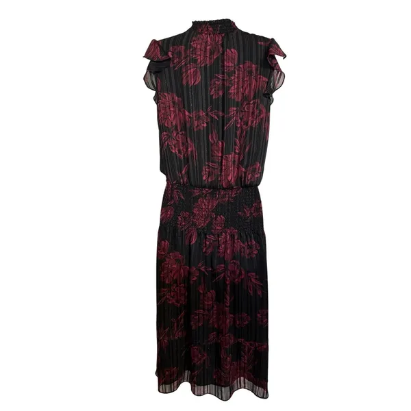 WHITE HOUSE BLACK MARKET Dress Black‎ Red Floral Ruffle Sleeve Smocked EUC XS - Image 6