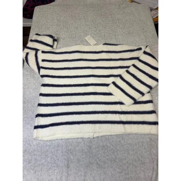 A New Day Womens 1X Navy White Striped Fuzzy Knit Cardigan Gold Buttons NEW - Image 6