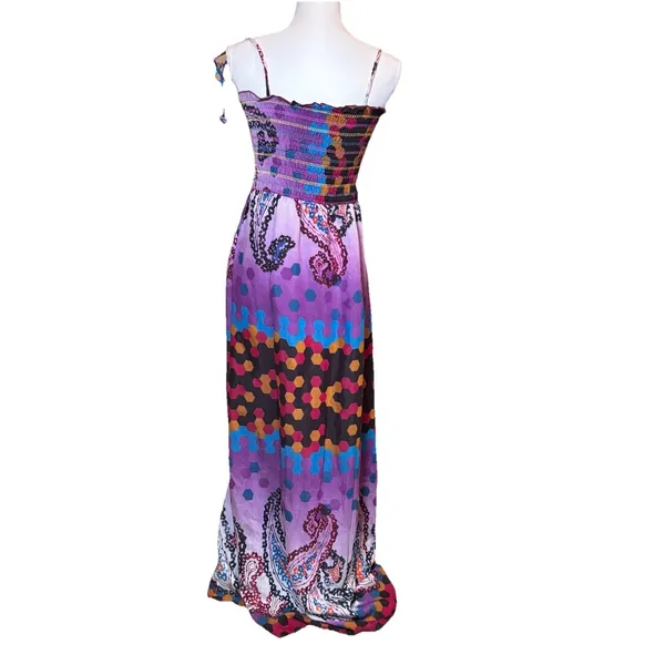 Ark & Co‎ Smocked Maxi Dress Purple Paisley Geometric Spaghetti Strap Size S - Image 4