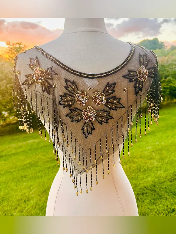 Fina Moda Vintage Beaded Black Mesh Caplet Collar Scarf with Fringe & Sequins - Image 3
