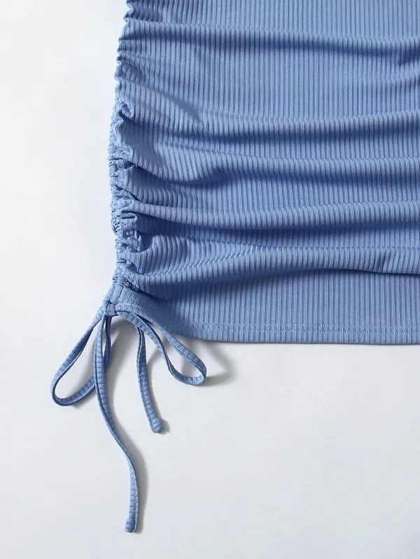 Drawstring Side Rib Knit Body con Dress - Image 2
