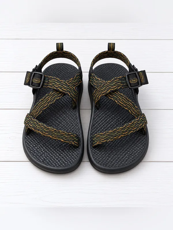 Chaco Z1 Cloud Vibram Black Open Toe Sandals with Green/Gold Pattern Straps - Image 2