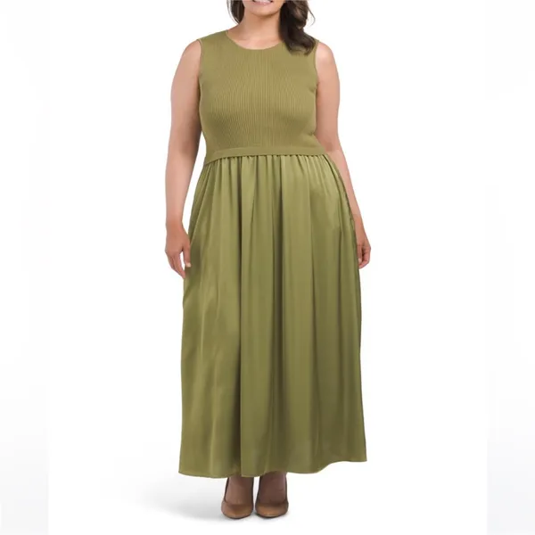 NWT Taylor Mix Media Ribbed Bodice Crew Neck Satin Skirt Pocket Medium - Image 5