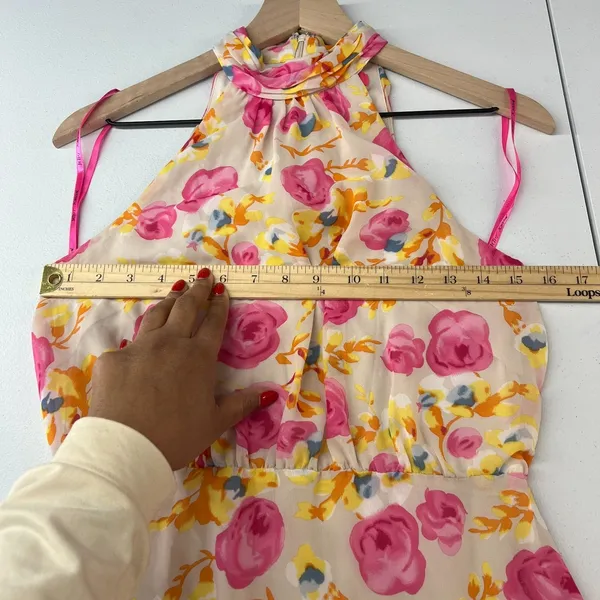 Betsey Johnson Dress Womens 4 Multicolor Floral Halter Neck Back Zip Peplum‎ Hem - Image 13