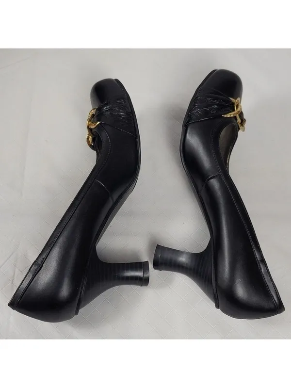Candies Black Faux Leather Chunky Kitten Heels Pump With Gold Chain Bow Sz 8 M - Image 10