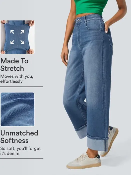 Halara Flex High Waisted Pockets Rolled Hem Wide Leg Washed Casual Jeans - Image 2