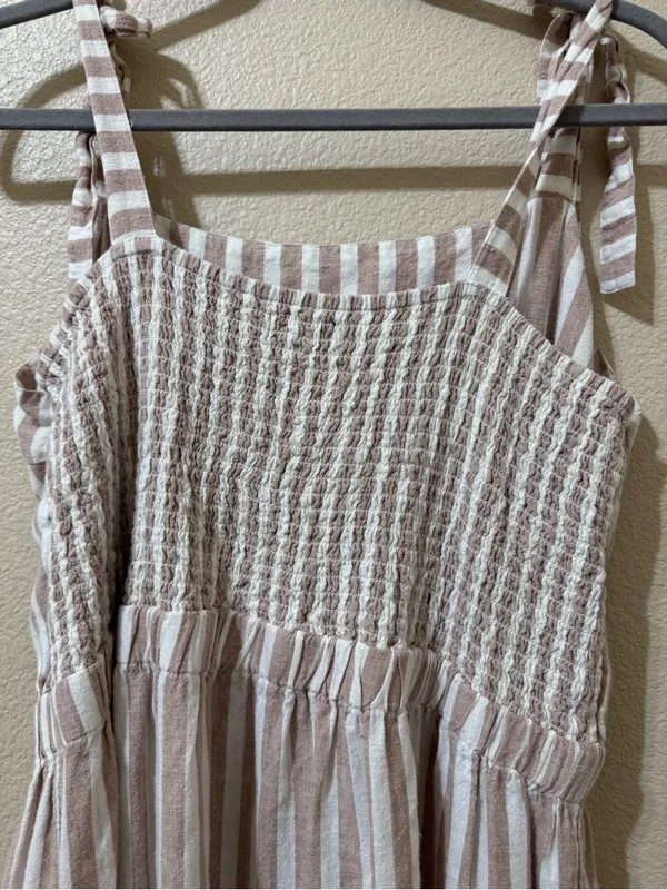 The Limited Linen Blend Tiered Midi Dress XL Beige White Stripe Tie Shoulderboho - Image 4