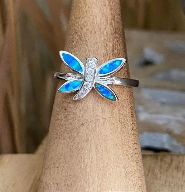 Dragonfly Blue Opal & Cz Sterling Silver Ring 5,6 - Image 2