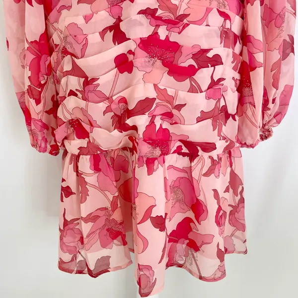 New Floral Print Twist Keyhole Front Long Sleeve Dress Pink Size XL - Image 8