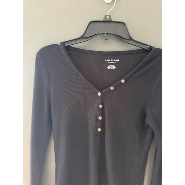 American Eagle Womens Black Ribbed Henley Long Sleeve V-Neck Top Size M‎ - Image 2