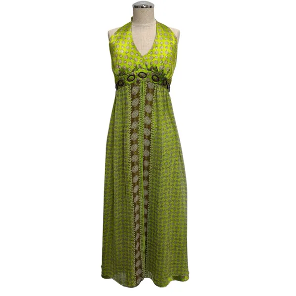 Vtg 60‎ Style Sz 16 Silk Maxi Halter Dress Babydoll Retro Academia Nature Artsy - Image 2