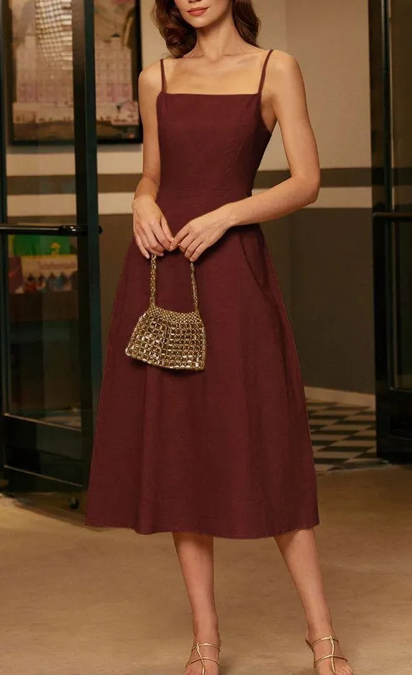Rihoas Wine Red Square Neck Shirred Slip Midi Dress - Image 4