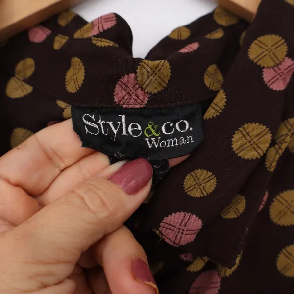 Style & Co Blouse Women Large Brown Geometric Dot Button-Down Excellent - Image 3