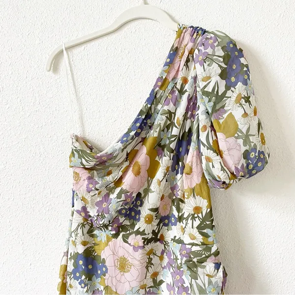 Astr Santorini One Shoulder Midi Dress Off White Retro Floral Size Small Wedding - Image 4