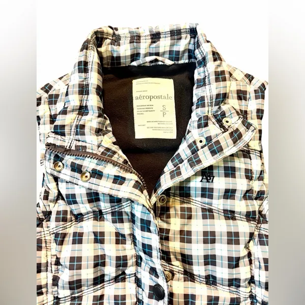 Aeropostale Checkered Puffer Vest - Blue and Black Sz S - Image 3