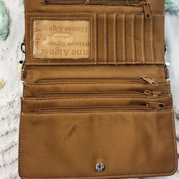 Etienne Aigner‎ Brown Leather Crossbody Wallet Bag 6500Q Cognac Silver Buckle - Image 7