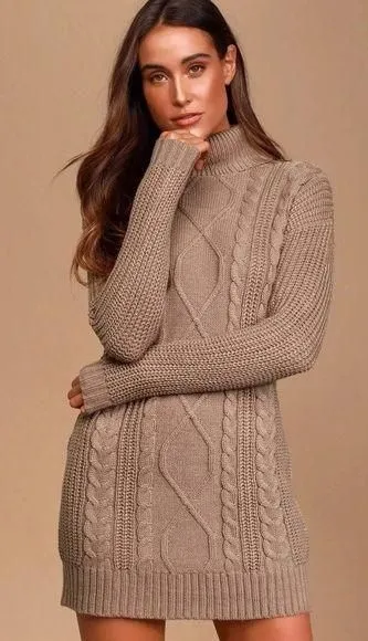 NWT Lulus Taupe Cable kit Turtleneck Sweater Dress NEW size Small - Image 2