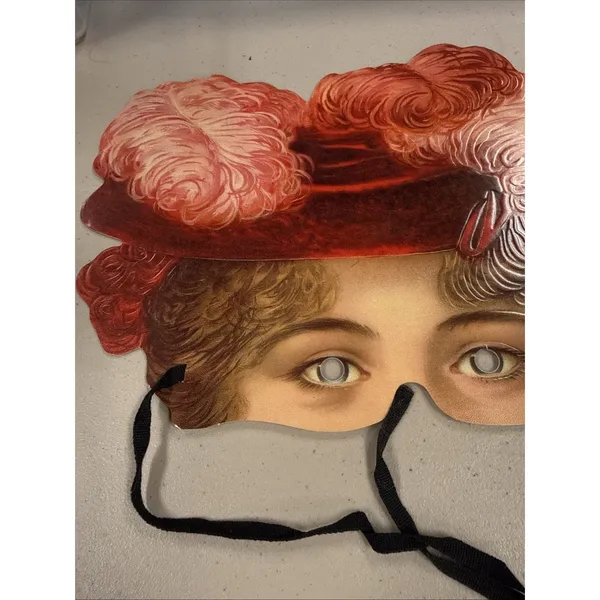 Lady‎ with Red Feathered Hat, Diecut Paper Mask, Halloween/Masquerade/Costume - Image 2