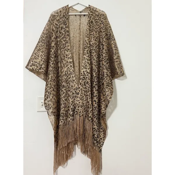 Women’s Leopard Print Fringe Kimono Gold Metallic Mesh Boho Cover-Up One Size - Image 2