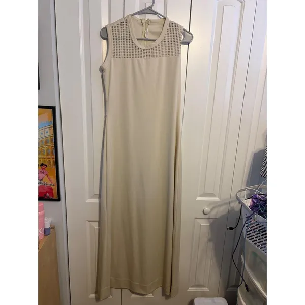 Vintage Cream Gold Metallic Mesh‎ 2 Piece Maxi Dress and Cropped Jacket Set - Image 2
