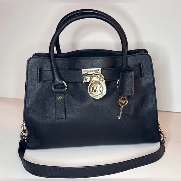 Michael Kors Hamilton Black Leather Bag, Gold-tone Hardware, Lock and Key - Image 2