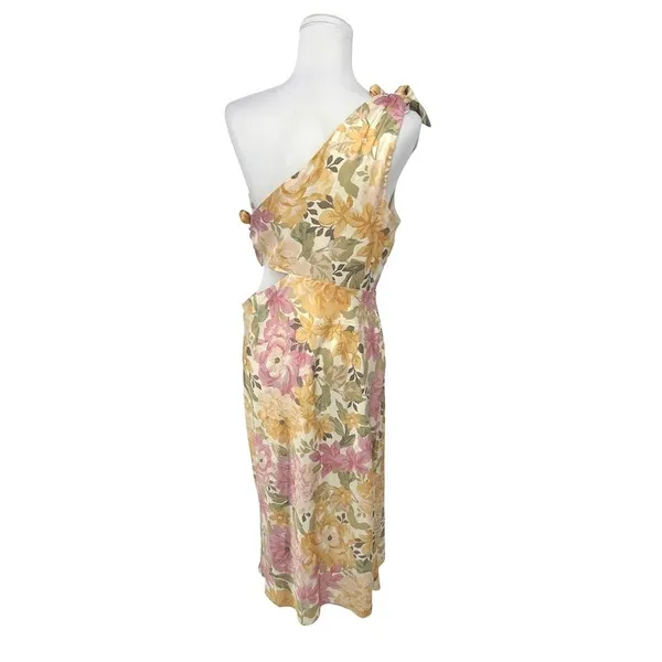 Showpo Glaucus Midi Dress 10 Floral One Shoulder Cut Out Satin Romantic Feminine - Image 4