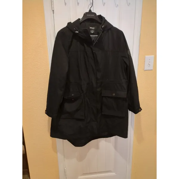 DKNY Womens Water Resistant Black Raincoat Hooded Parka Jacket, Size XXL - Image 4