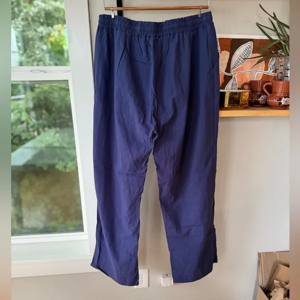 Navy Blue Cotton Linen Drawstring Waist Wide Leg Pants Size Large - Image 2