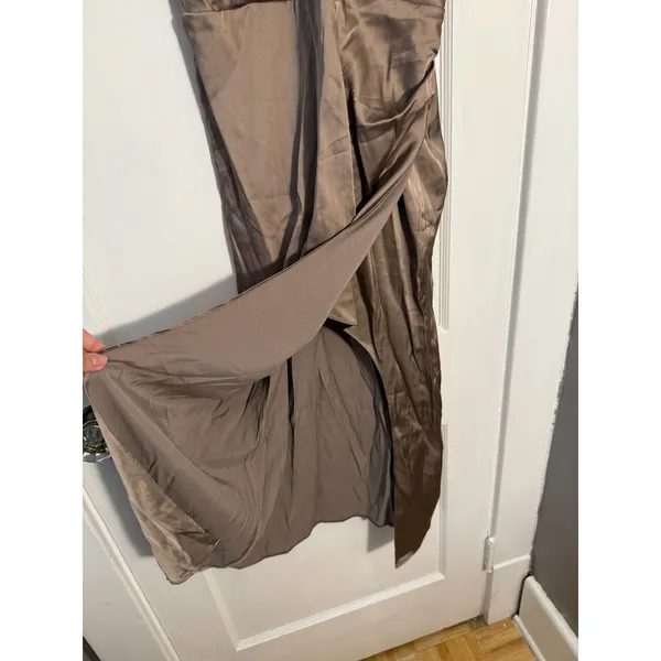 Abercrombie and Fitch Satin Draped Wrap Midi Dress Size Medium Light Brown - Image 4