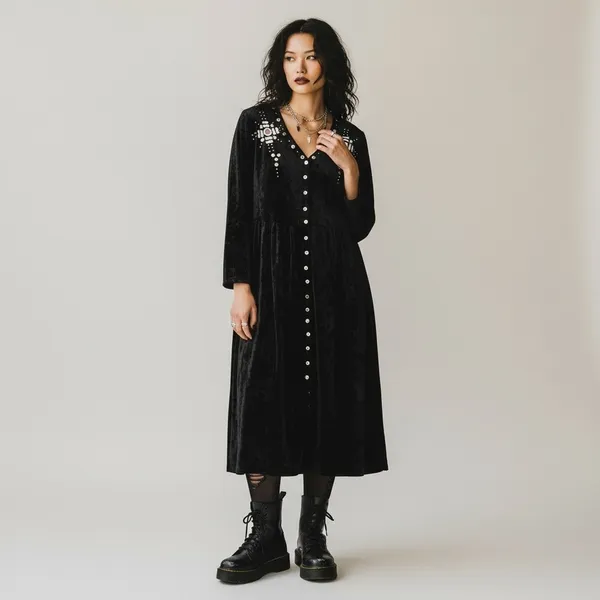 Vintage 90s black Gold embellished crushed velvet maxi whimsigoth emo glam - Image 10