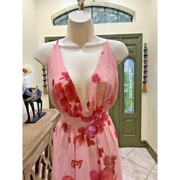 Pink Floral Deep V Maxi Dress | Size Small - Image 3