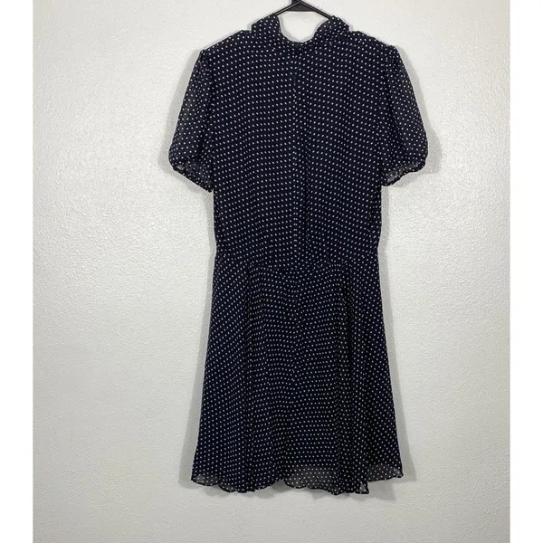 Betsey Johnson Navy Polka Dot Chiffon Puff Sleeve Tie Neck Knee Dress Size 10 - Image 6