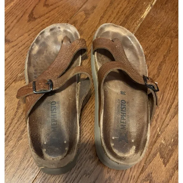 Mephisto Women Tan Leather Thong Buckle Cork‎ Footbed Sandals Size 38 - Image 2