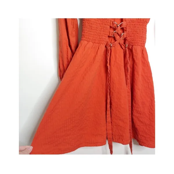 ASOS Burnt Orange Mini Dress Smocked Corset Waist Long Sleeve Cotton‎ S Pumpkin - Image 7