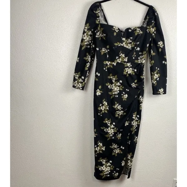 Reformation Floral Sweetheart Neck Midi Dress Long Sleeve Side Slit Size 6 - Image 2