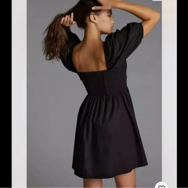 Anthropologie Maeve Puff Sleeve Smocked Button Front Black Mini Dress Size L NWT - Image 2