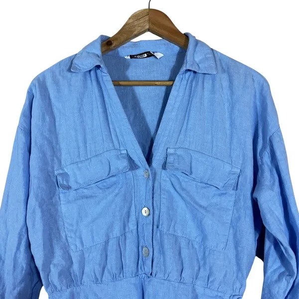 Zara Linen Blend Faux Wrap Long Sleeve Romper Blue Coastal Lughtweight Size M - Image 2