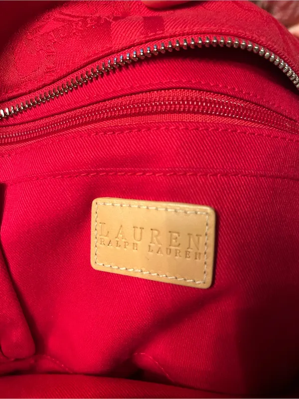 Women’s Ralph Lauren Red Jacquard Tote Bag Tan Trim Shoulder Bag - Image 5