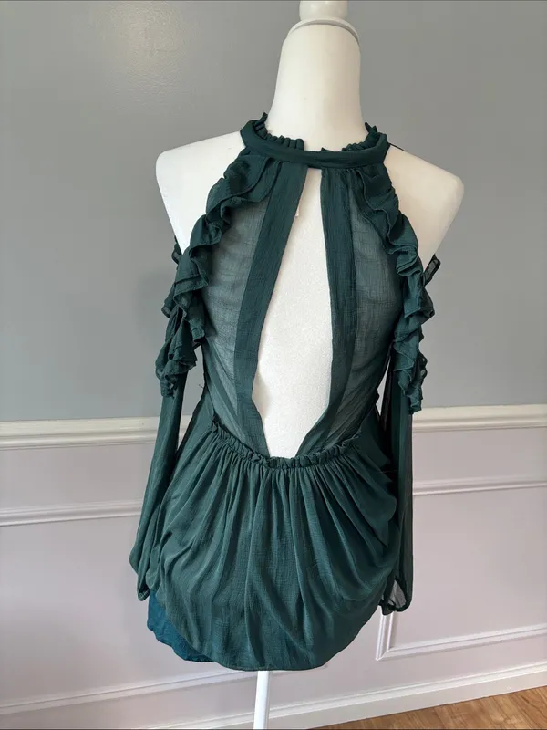 Free People Whimsy Fairycore Teal Green Ruffle Cold Shoulder Mini Dress | Sz 2 - Image 9
