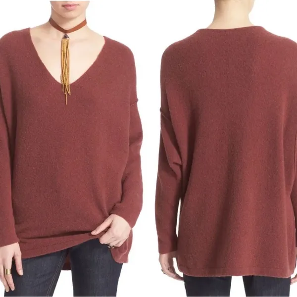 Free People Deep V-Neck Sweater Women S Rust Wool Blend Oversized‎ Tunic Pockets - Image 2