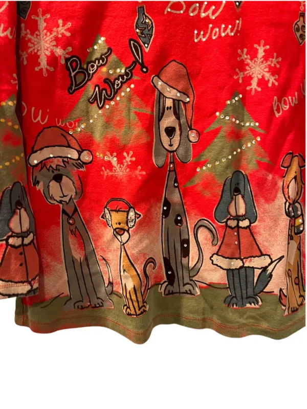 Vtg Jess & Jane Christmas Shirt Women's Medium Red Bow Wow Dogs Rhinestone Bling - Image 4