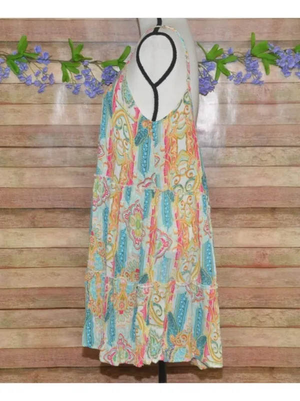 Elan Ibiza Tiered Mini Sun Dress Size M Sleeveless Colorful Paisley Boho Rayon - Image 5
