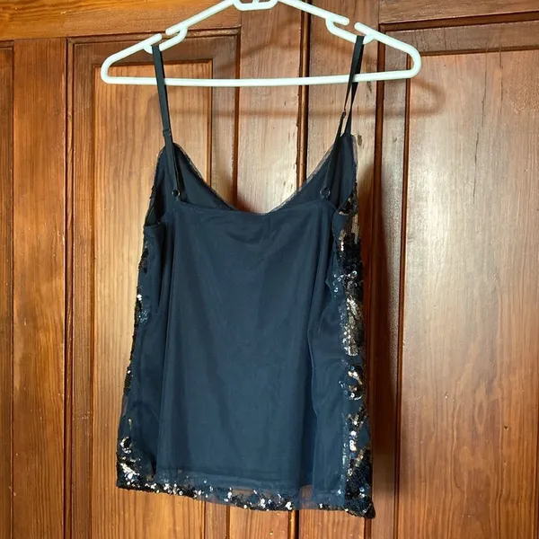 White House Black Market Blue Silver Floral Mesh Sequined Lined Camisole Size S - Image 2