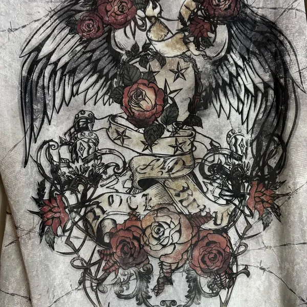 Rock & Republic Womens Y2K Mesh T-Shirt Gray Cross Angel Wings Tattoo Sleeve Grunge Size Med - Image 10