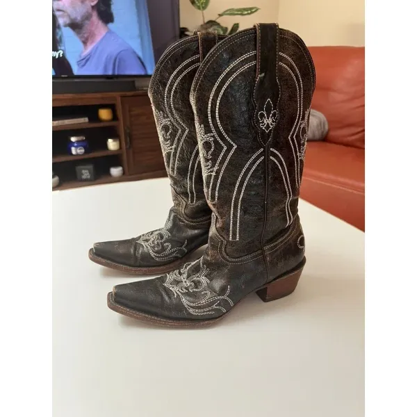 Pecos Bill Leather Cowgirl/cowboy Boots Sz 6 Women’s Distressed Drk‎ Brown White - Image 3