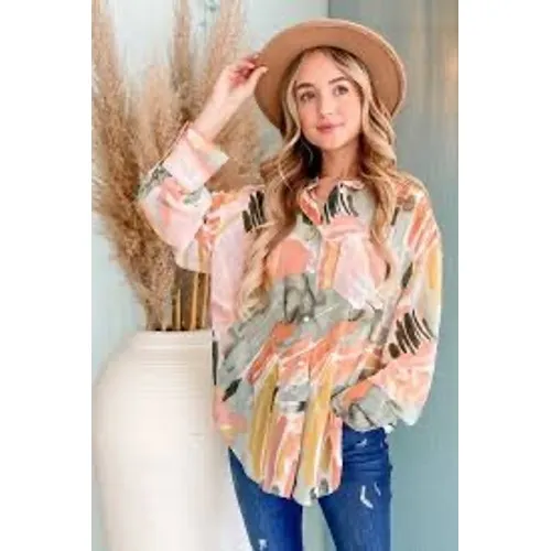 ANDTHEWHY Abstract Watercolor Brushstroke Button Down‎ Shirt Pink Green Pastel M - Image 5