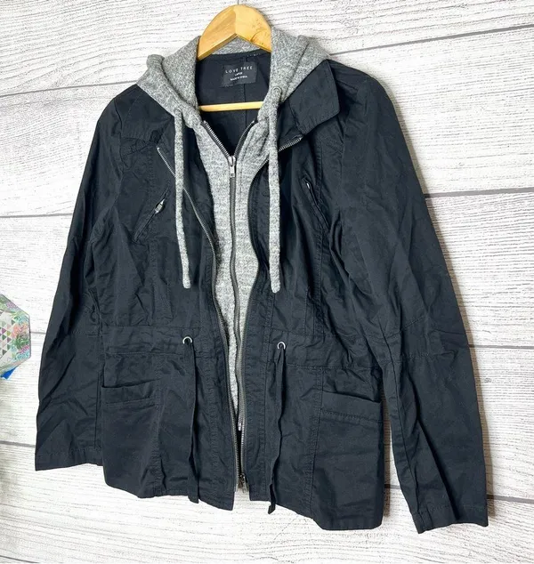Love Tree Black & Gray Double Layer Hooded Jacket Size Large - Image 3