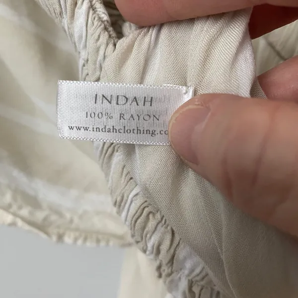 Indah Rayon Boho Beachy Coastal Flowy Striped Smocked Maxi Dress S/M Tan White - Image 5