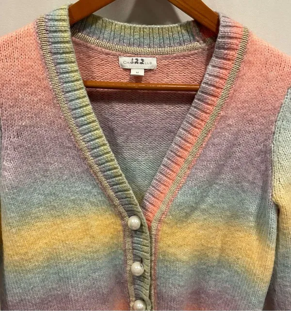 Rainbow stripe soft fuzzy wool blend chunky pearl button cardigan crop sweater - Image 10